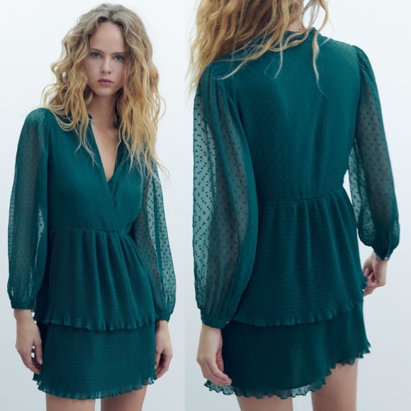 NEW Zara Teal Green Swiss Dot Mesh Surplice V Neck Ruffle Pleated Mini Dress M - Picture 4 of 11